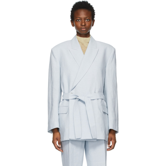 Acne Studios Blue Linen Belted Suit Blazer