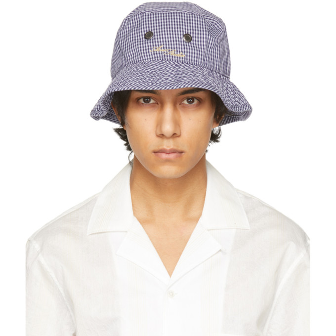 Acne Studios Blue and White Check Logo Bucket Hat