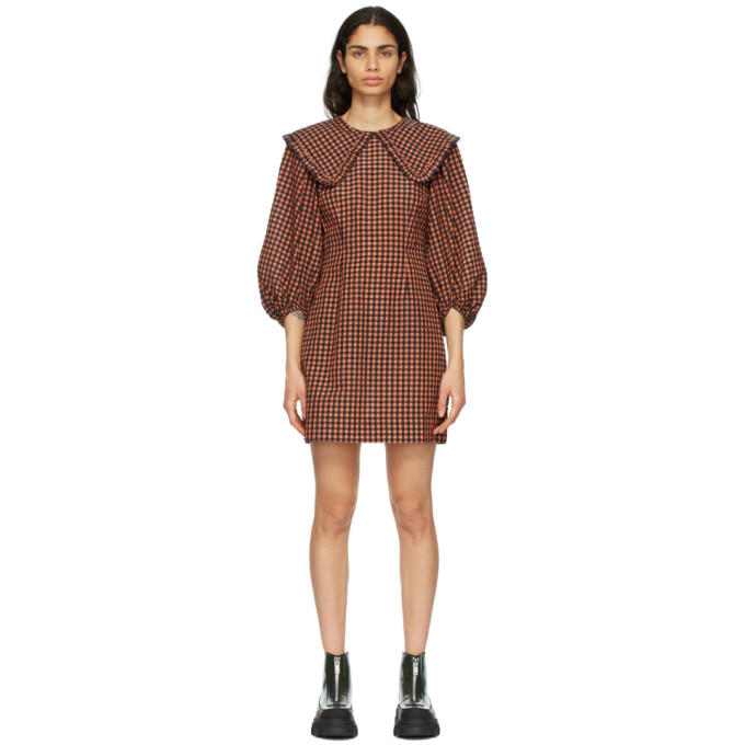 GANNI Black and Orange Seersucker Check Collar Mini Dress