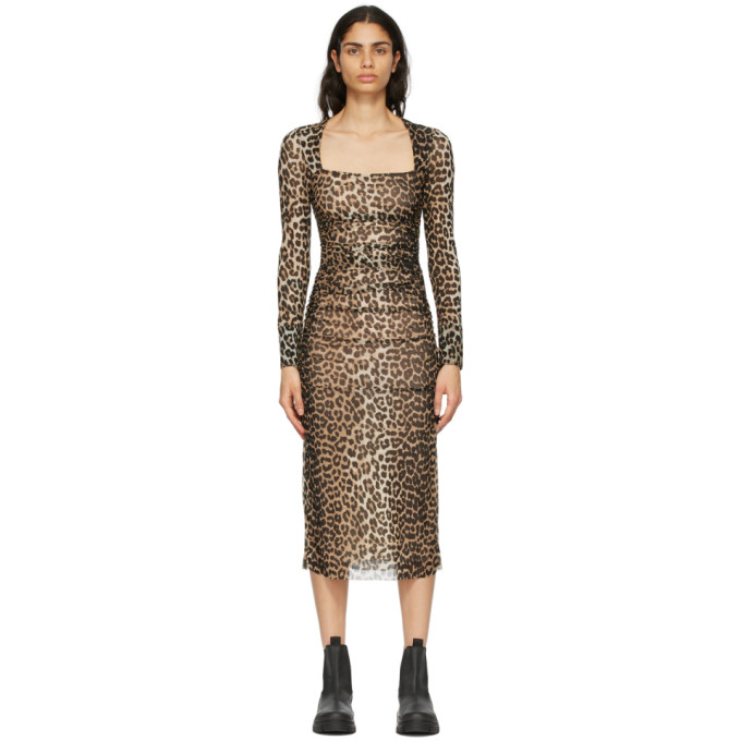 GANNI Brown and Black Mesh Printed Dress