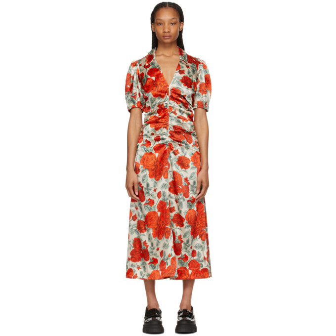 GANNI BEIGE & RED SILK FLORAL MID-LENGTH DRESS