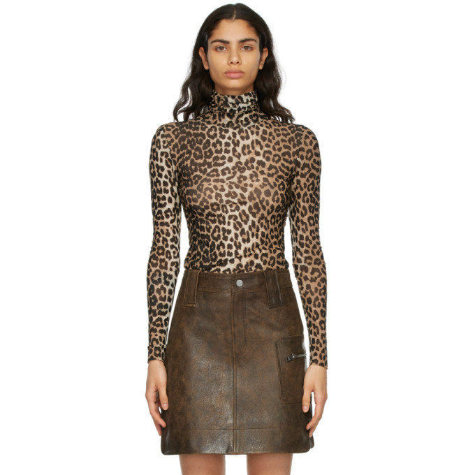 GANNI Black and Brown Leopard Mesh Turtleneck