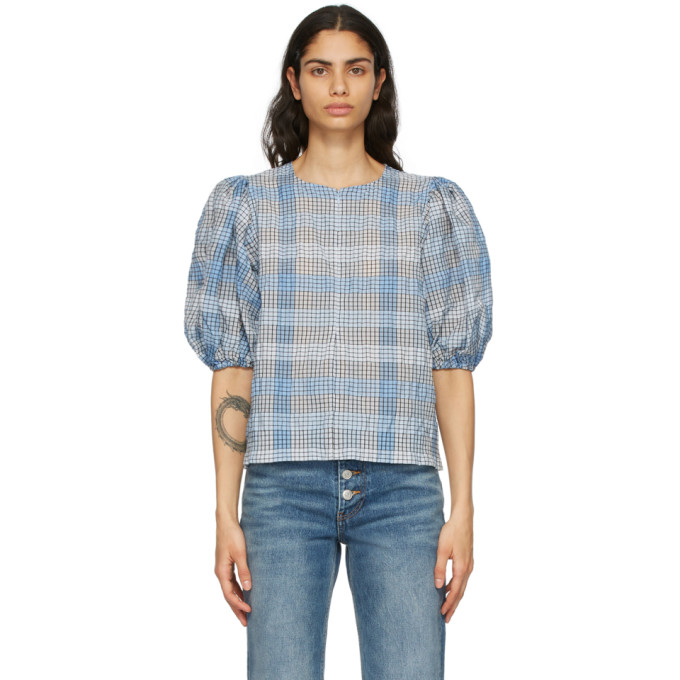 GANNI Blue Seersucker Check Blouse