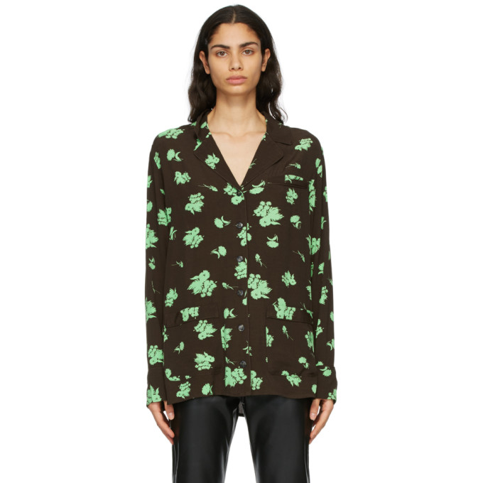 GANNI Brown and Green Crepe Printed Shirt