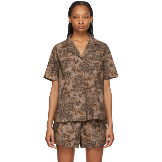 GANNI BROWN POPLIN PRINTED SHORT SLEEVE SHIRT