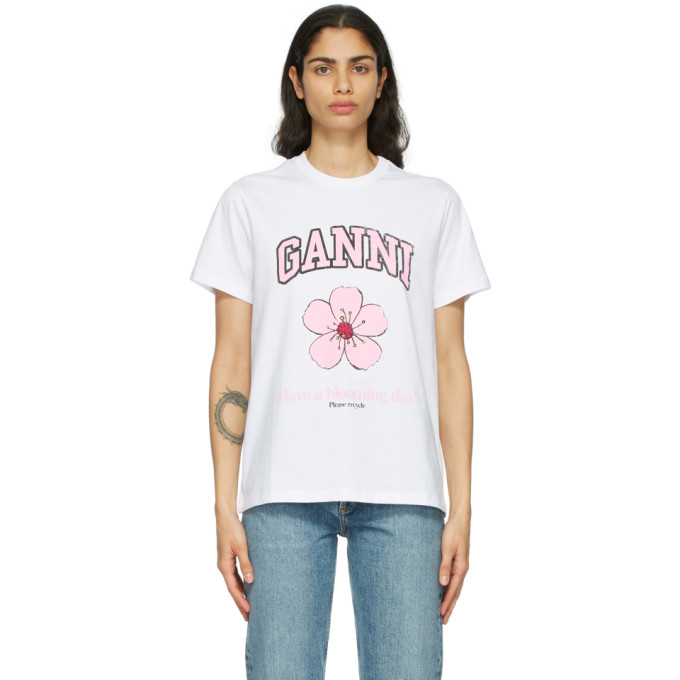 GANNI White Cotton Cherry Blossom T-Shirt