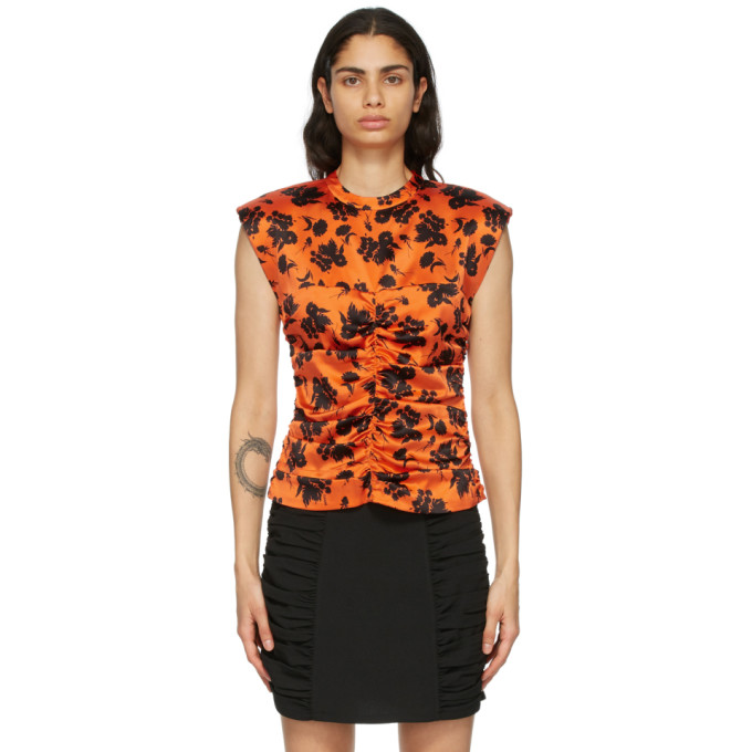 GANNI Orange and Black Silk Stretch Satin Top