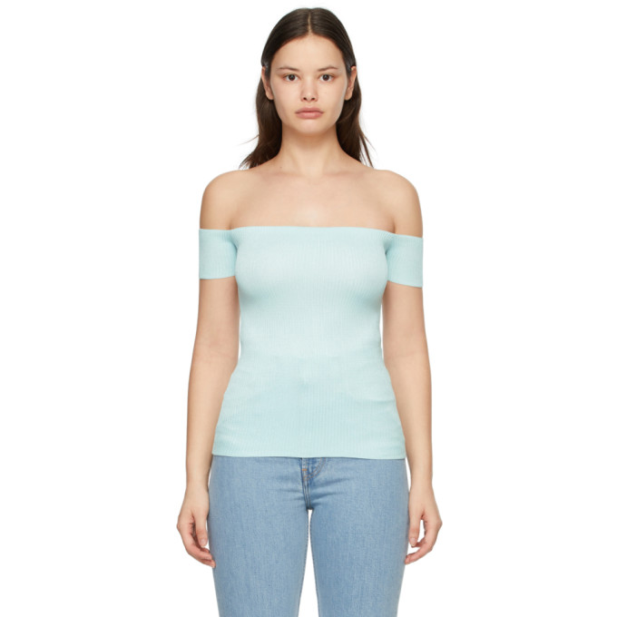 Helmut Lang Blue Off-The-Shoulder T-Shirt