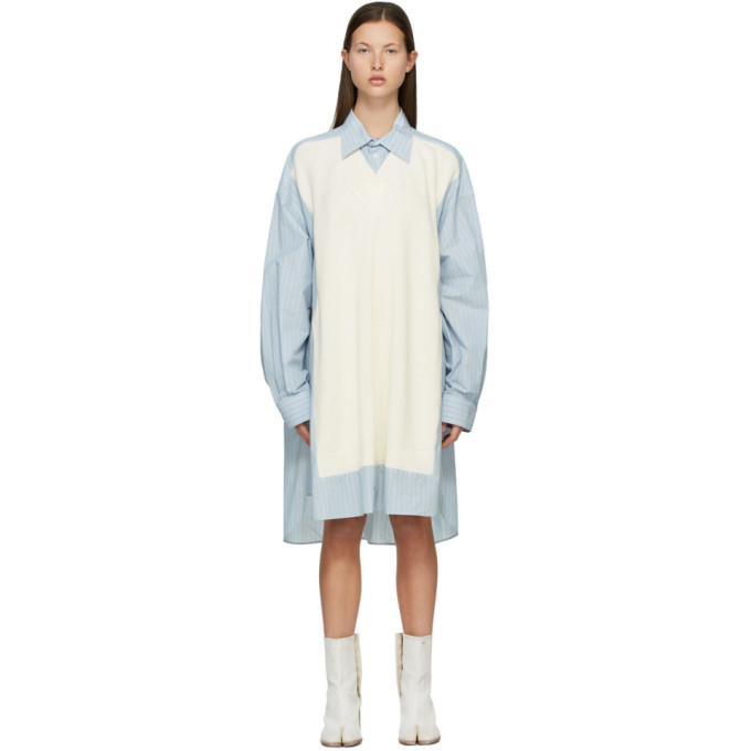Maison Margiela Blue and Off-White Spliced Knit Shirt Dress