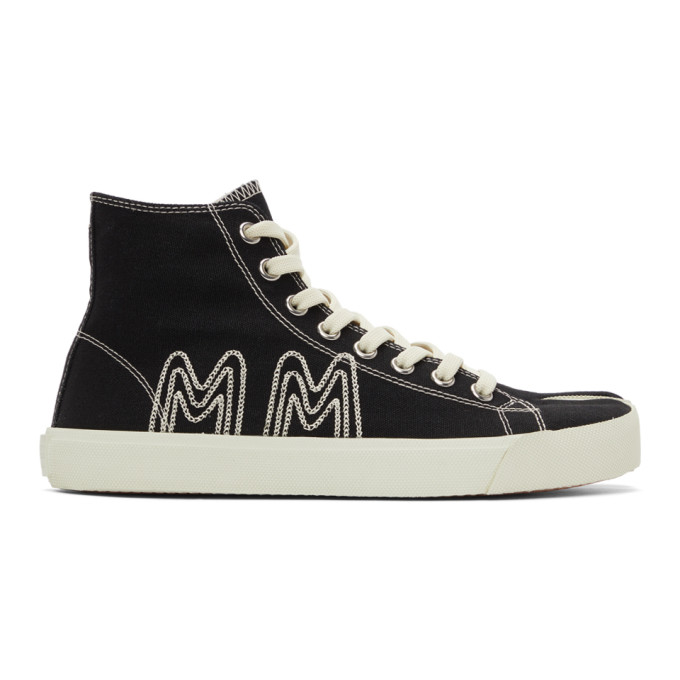 Maison Margiela Black and Off-White Canvas Embroidered Tabi High-Top Sneakers