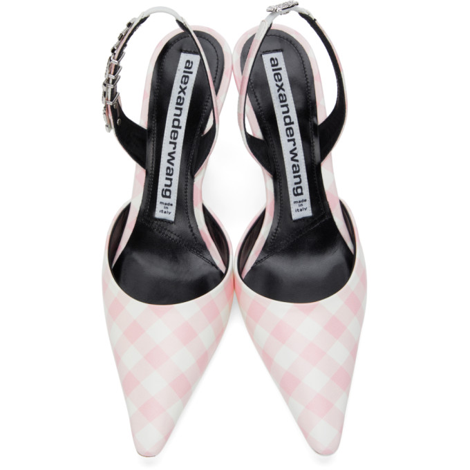 ALEXANDER WANG PINK & WHITE GINGHAM GRACE SLINGBACK HEELS