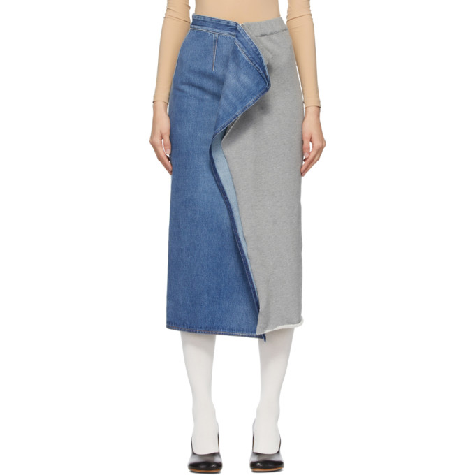 MM6 Maison Margiela Blue and Grey Denim Sweat Split Skirt