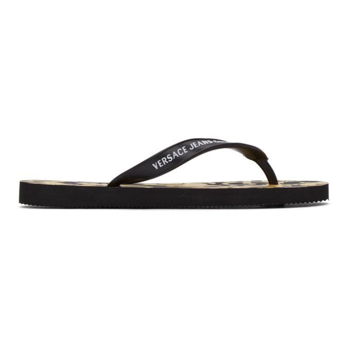 VERSACE JEANS COUTURE BLACK BAROCCO FLAT SANDALS