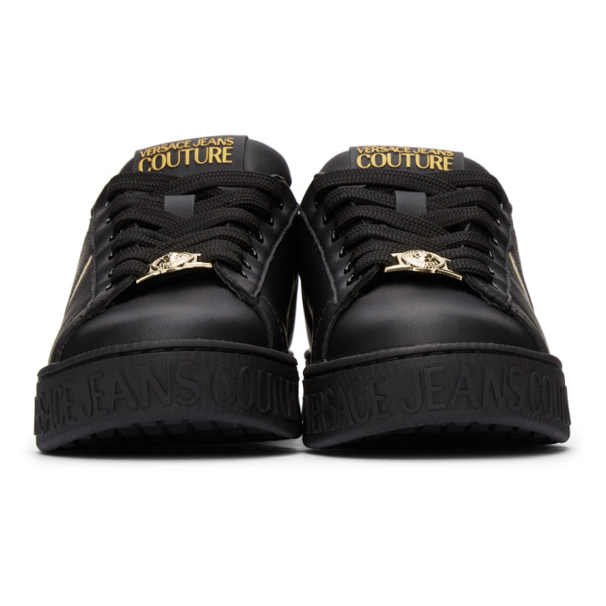 Shop Versace Jeans Couture Black & Gold 88 V-emblem Court Sneakers In E899 Nero