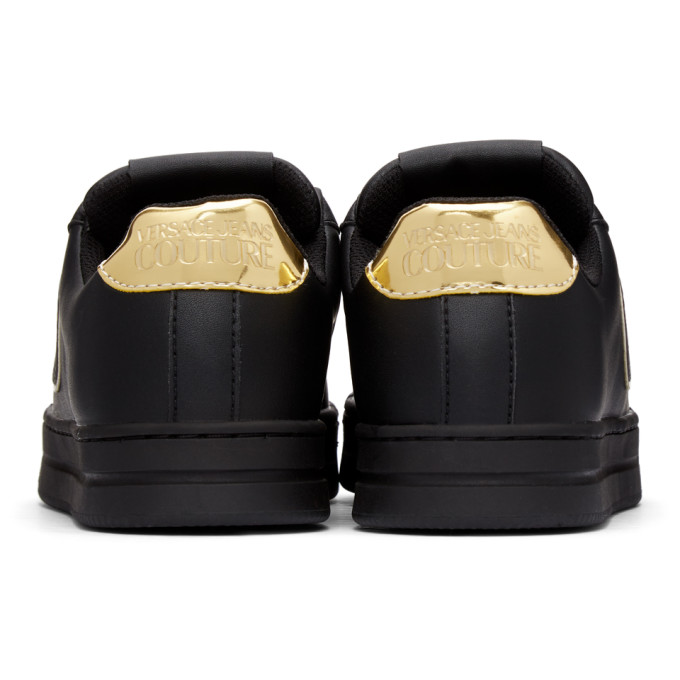 Shop Versace Jeans Couture Black & Gold 88 V-emblem Court Sneakers In E899 Nero