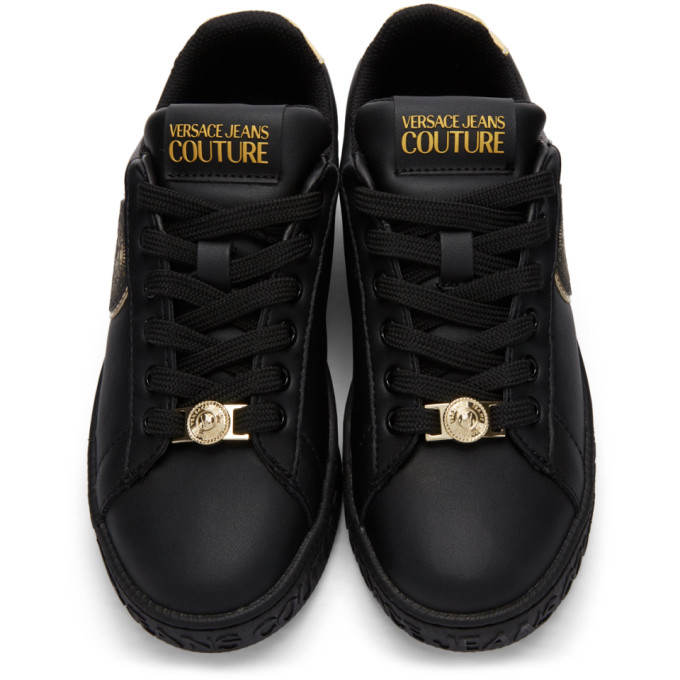 Shop Versace Jeans Couture Black & Gold 88 V-emblem Court Sneakers In E899 Nero
