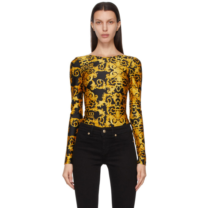 Versace Jeans Couture Black Baroque Long Sleeve Bodysuit