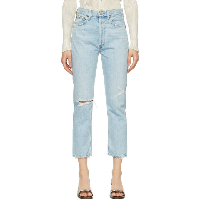 AGOLDE Blue Distressed Riley Straight Crop Jeans