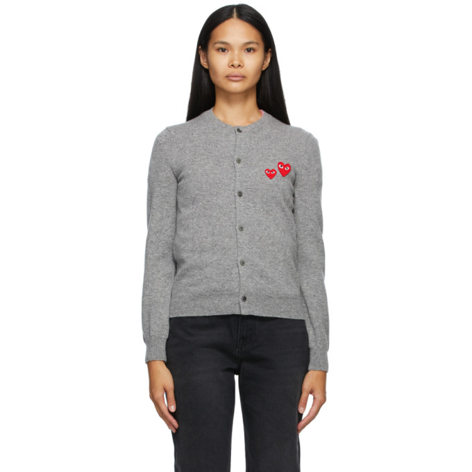 Comme des Garcons Play Grey Asymmetric Double Heart Cardigan