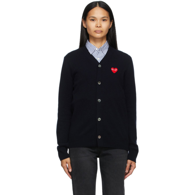 Comme des Garcons Play Navy Wool Heart Patch V-Neck Cardigan