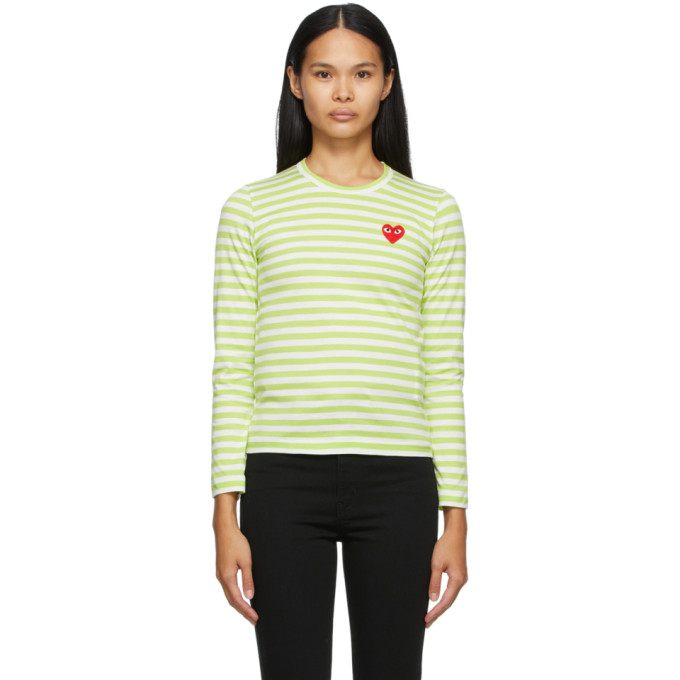 Comme des Garcons Play Green and White Striped Heart Patch Long Sleeve T-Shirt