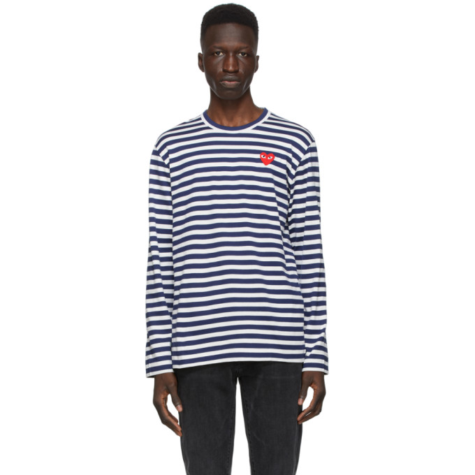 Comme des Garcons Play Navy and White Striped Heart Patch Long Sleeve T-Shirt