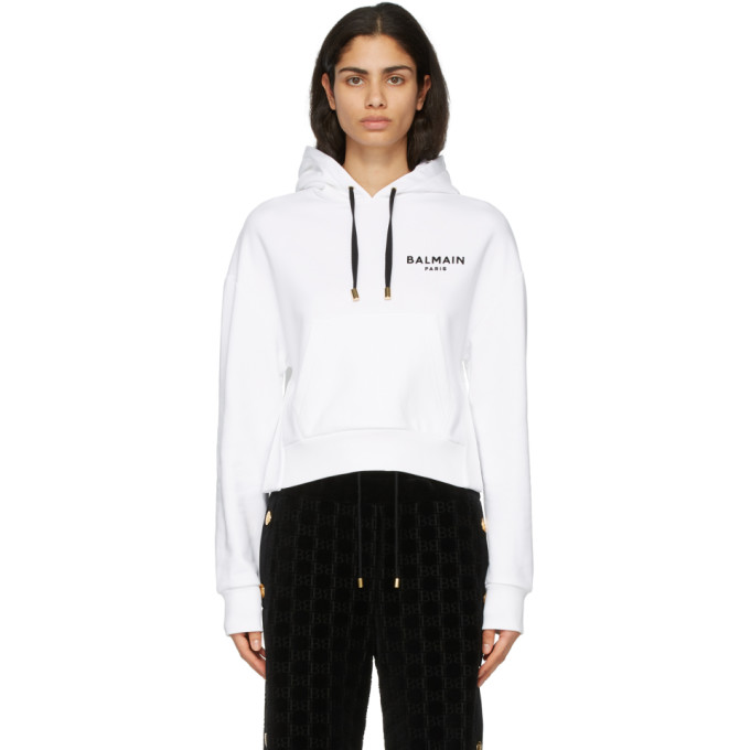 Balmain White Flocked Logo Hoodie