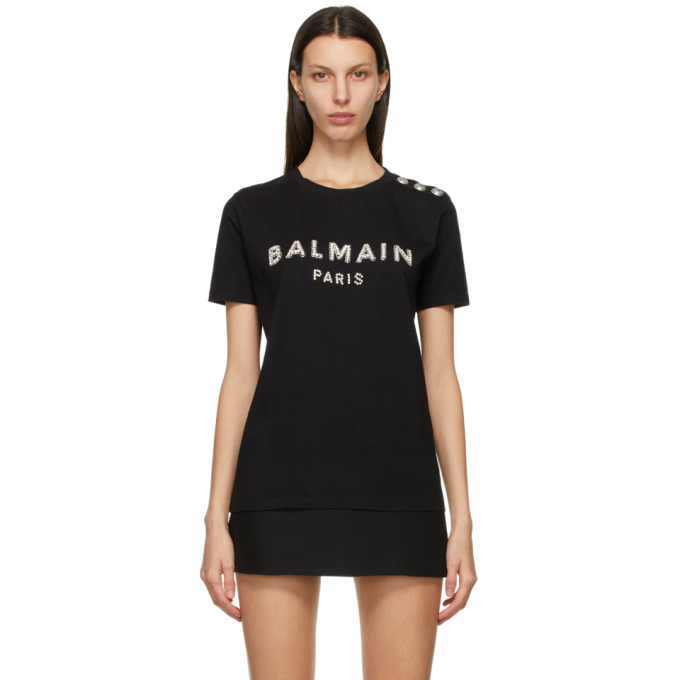 Balmain Black Crystal Logo T-Shirt