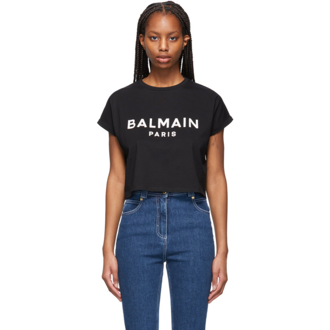 BALMAIN BLACK CROPPED LOGO T-SHIRT