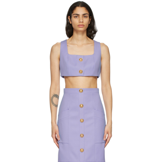 Balmain Purple Twill Cropped Tank Top