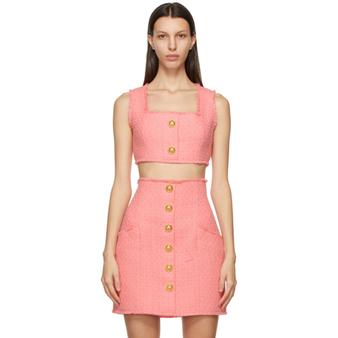 Balmain Pink Tweed Cropped Tank Top