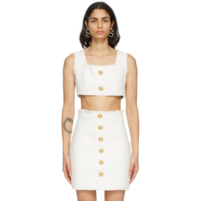 Balmain White Tweed Cropped Tank Top