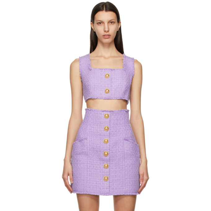 Balmain Purple Tweed Cropped Tank Top