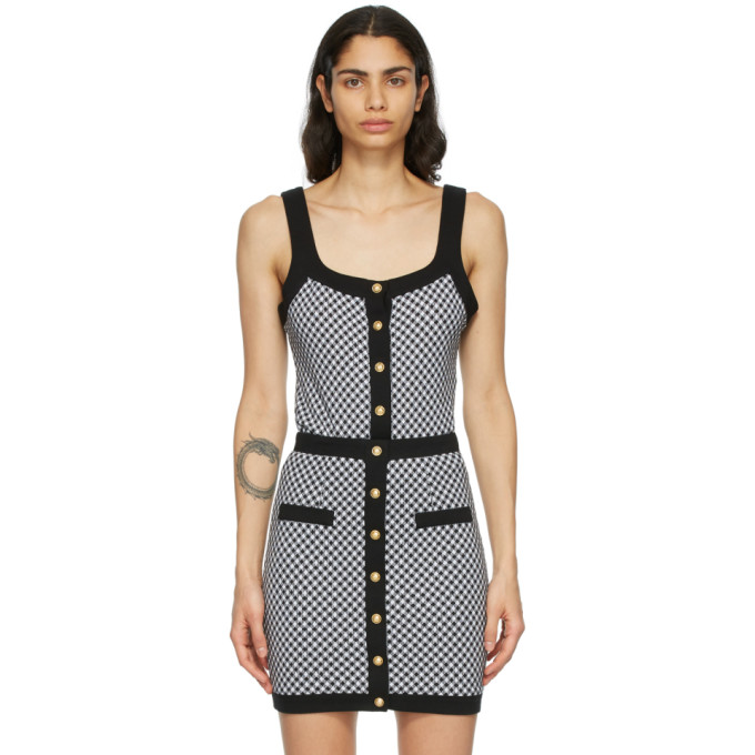 Balmain Black and White Check Button Tank Top