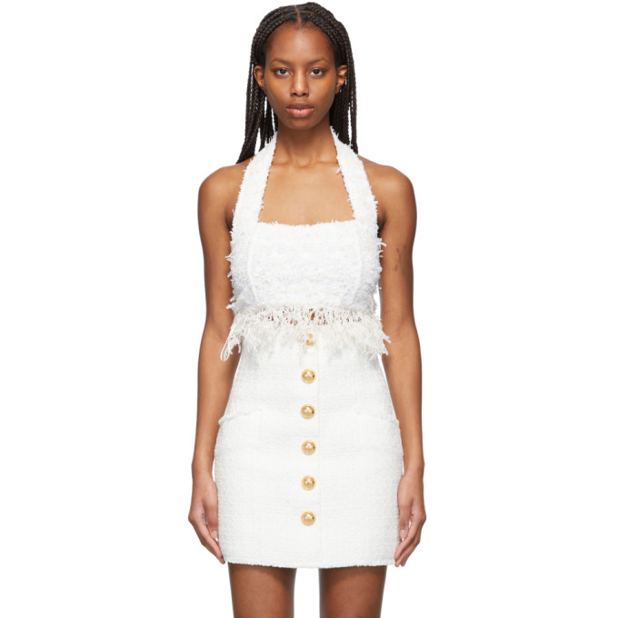 BALMAIN WHITE TWEED CROPPED HALTER TANK TOP