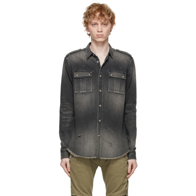 Balmain Grey Denim Embossed Logo Shirt