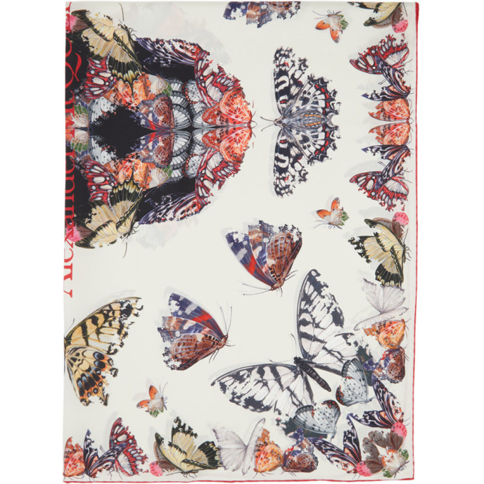 Alexander McQueen White Silk Butterfly Decay Skull Scarf