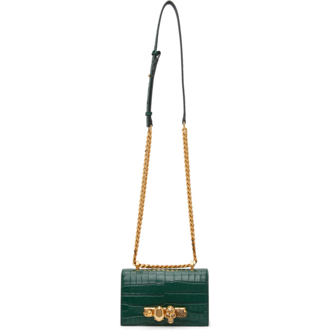 Alexander McQueen Green Croc Jewelled Satchel Bag