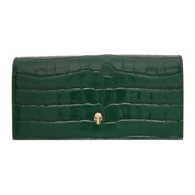 Alexander McQueen Green Croc Skull Chain Wallet Bag