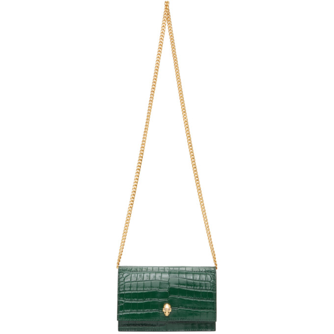 Alexander McQueen Green Croc Small Skull Bag