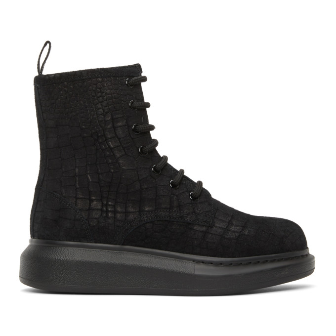 Alexander McQueen Black Suede Croc Hybrid Combat Boots