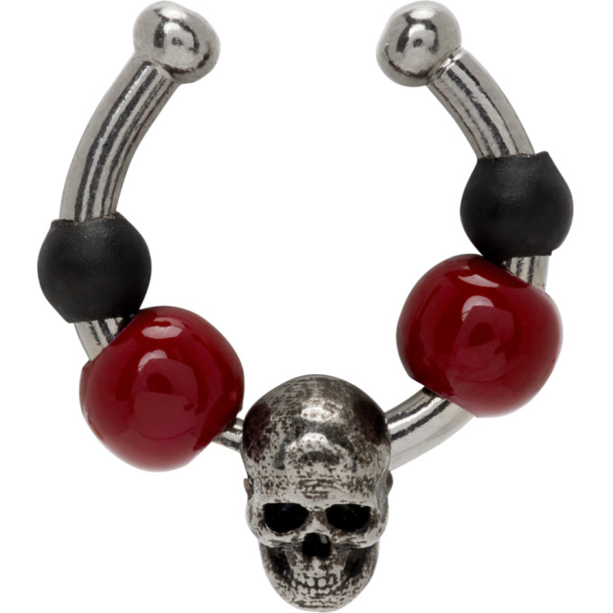 Alexander McQueen Silver and Red Beaded Single Ear Cuff