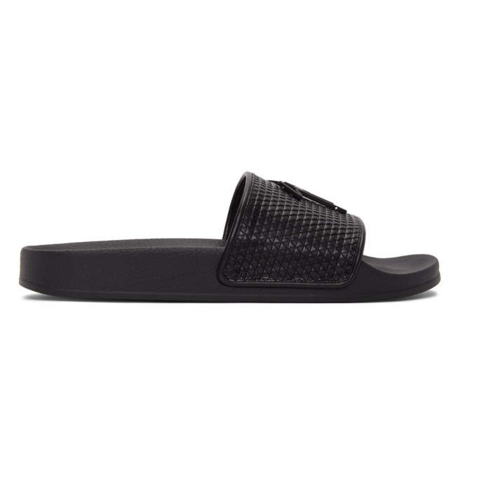 Click to view more detailed imagery on our partner's website Giuseppe Zanotti Men's Geometric-print Leather Slide Sandals In Black