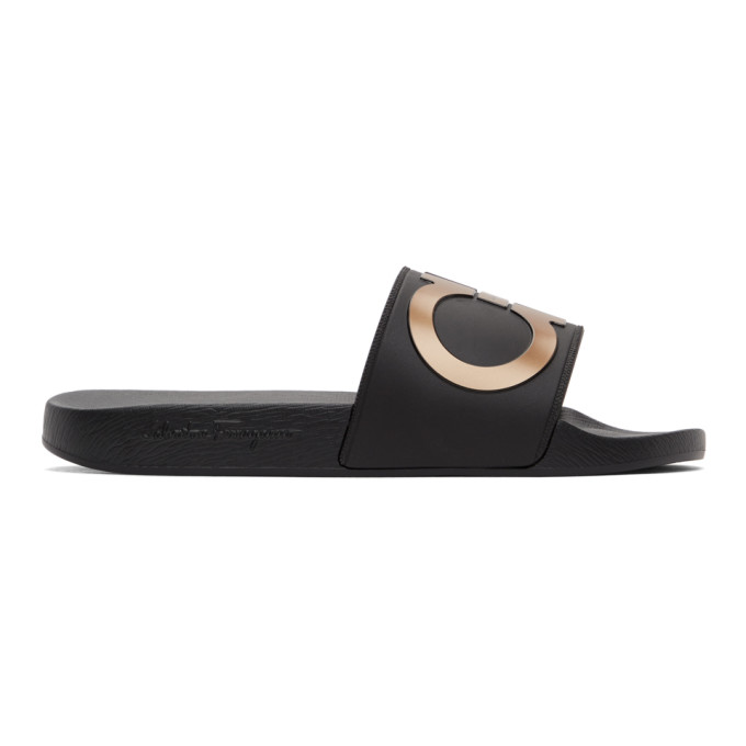 Salvatore Ferragamo Black and Bronze Groove Slides