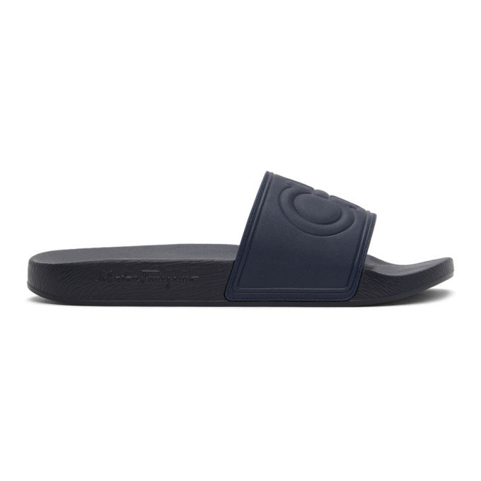 FERRAGAMO NAVY GROOVE SLIDES