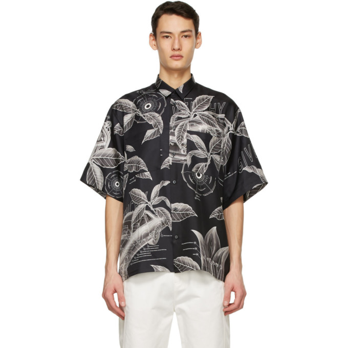 Givenchy Black Silk Floral Schematics Short Sleeve Shirt