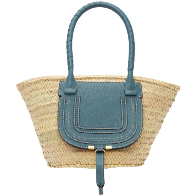 CHLOÉ BEIGE & BLUE RAFFIA MEDIUM MARCIE BASKET TOTE