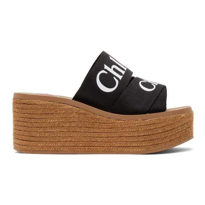 CHLOÉ BLACK WOODY WEDGE HEELED SANDALS