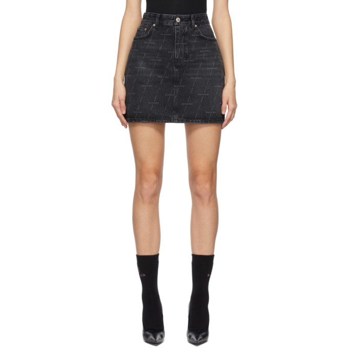 Balenciaga Black Denim Allover Logo 5 Pocket Miniskirt