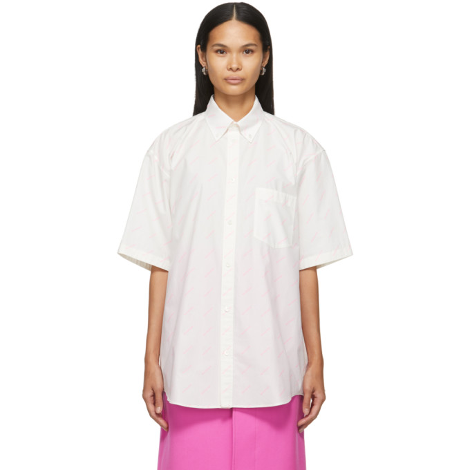 Balenciaga White and Pink Allover Logo Short Sleeve Shirt